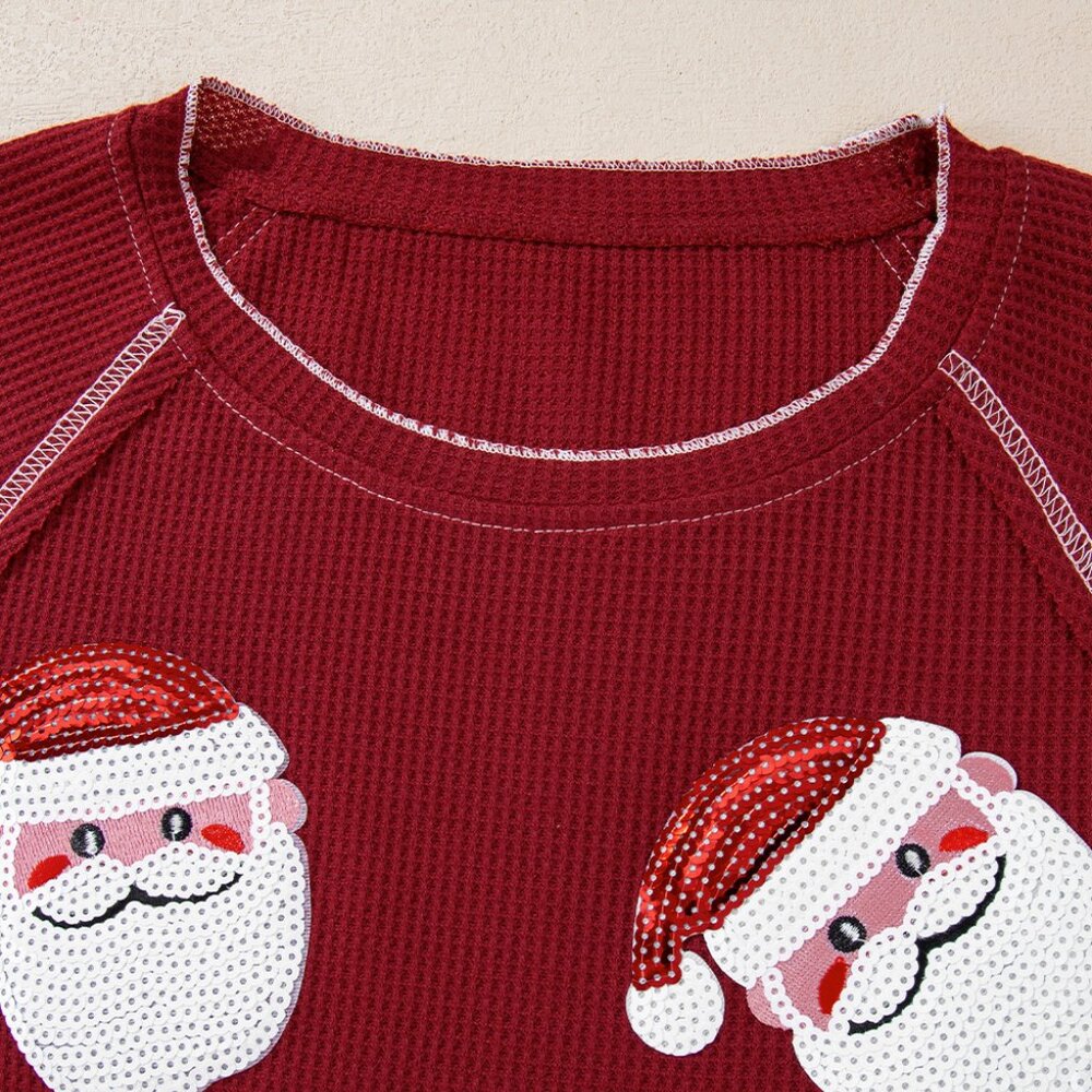 B231 RESTOCKED Red Sequin Santa Claus Graphic Text Long Sleeve Top - Picture 5 of 5